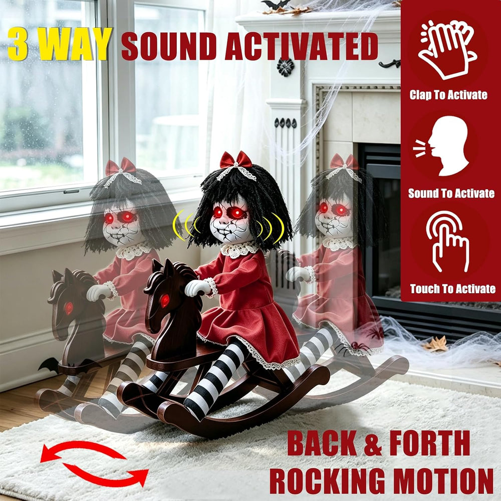 Halloween Animatronic Decorations Girl Doll on Rocking Horse with Lights