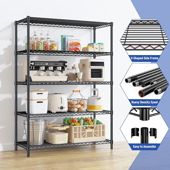 5 Tier Storage Shelves 71"H Wire Shelving Adjustable Metal Shelving, 100...