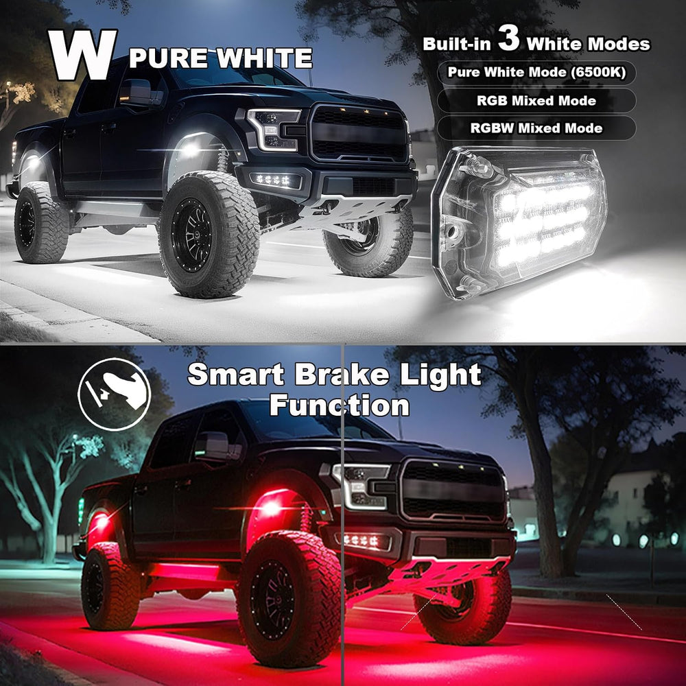 8 Pods Full Angle RGBW LED Rock Lights, 6500K Pure White RGB Rock Light for J...