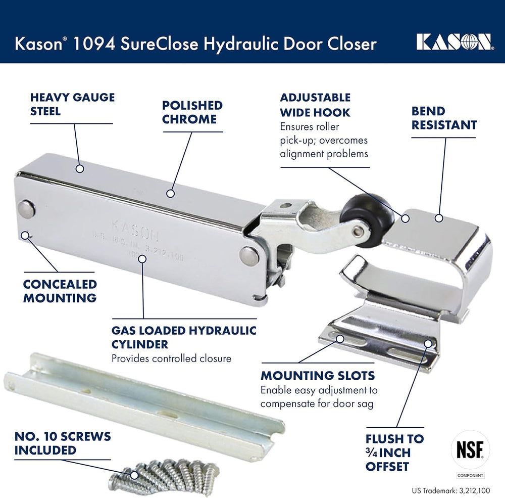 Kason 1094 SureClose Hydraulic Door Closer and Hook, Concealed Mounting, Adju...