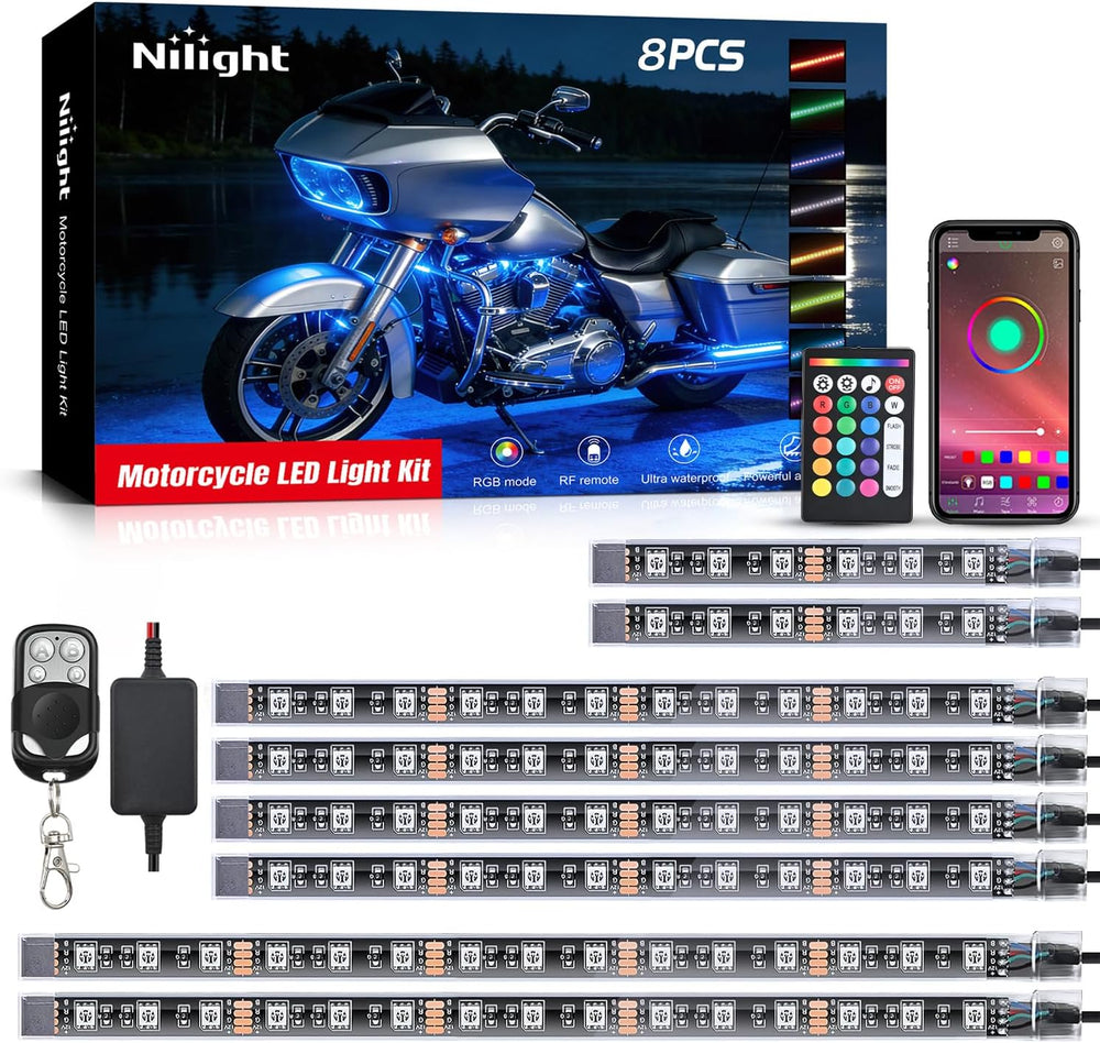 Nilight 8PCS Motorcycle RGB Led Light Kit Waterproof Multi Color Atmosphere N...