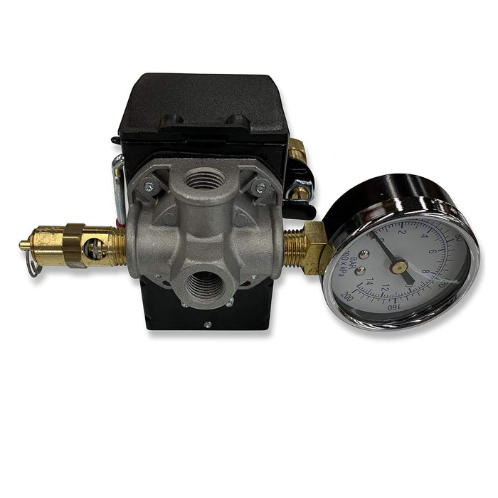 25 AMP Air Compressor Pressure Switch 4 Port 95-125 PSI w/Side Mount 0-200 PSI Gauge 150 PSI pop off valve