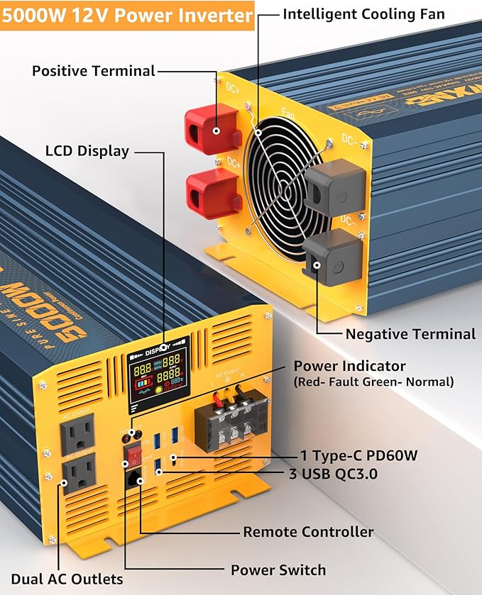5000 Watt Power Inverter Pure Sine Wave 12V DC to 110V 120V 10000W Peak Heavy