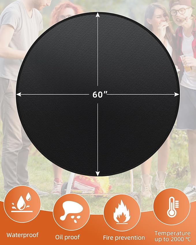 Round BBQ Grill Mat, 60 inches Double-Sided Fireproof Pad Waterproof Deck