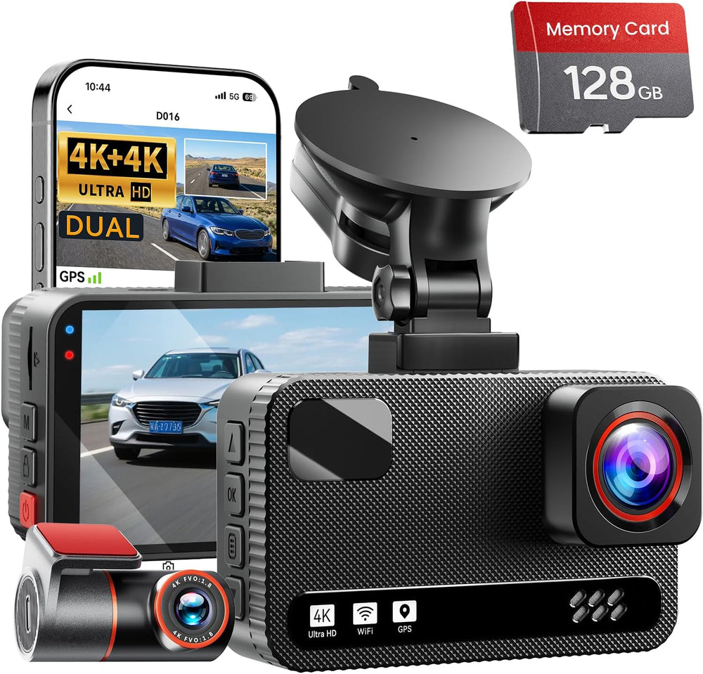 4K+4K Dual Dash Cam Front and Rear, Free 128GB Card, Starlight Night Vision