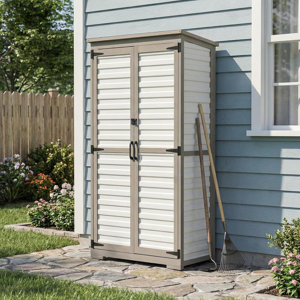 PetsCosset Outdoor Storage Cabinet with Shelves, Wood & Plastic Garden Sh...