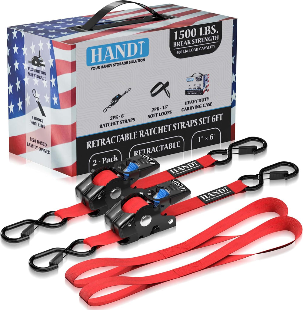 HandT USA Based Retractable Ratchet Straps 1in x 6ft (2PK)