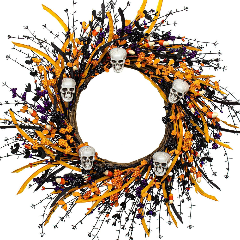 JINGHONG Artificial Halloween Wreath 22 Inch Black Halloween Wreaths for Fron...
