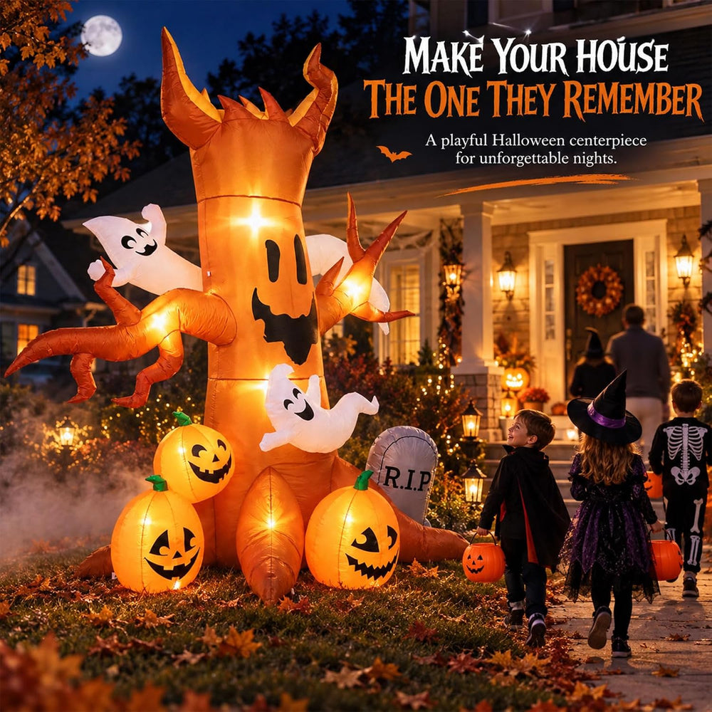 8FT Halloween Inflatable Ghost Tree Decoration with Pumpkins, Tombstone