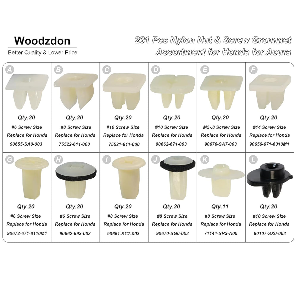Woodzdon 231pcs Headlight Adjusting Screw Nylon Nut Bumper Grommet #6,#8,#10,...