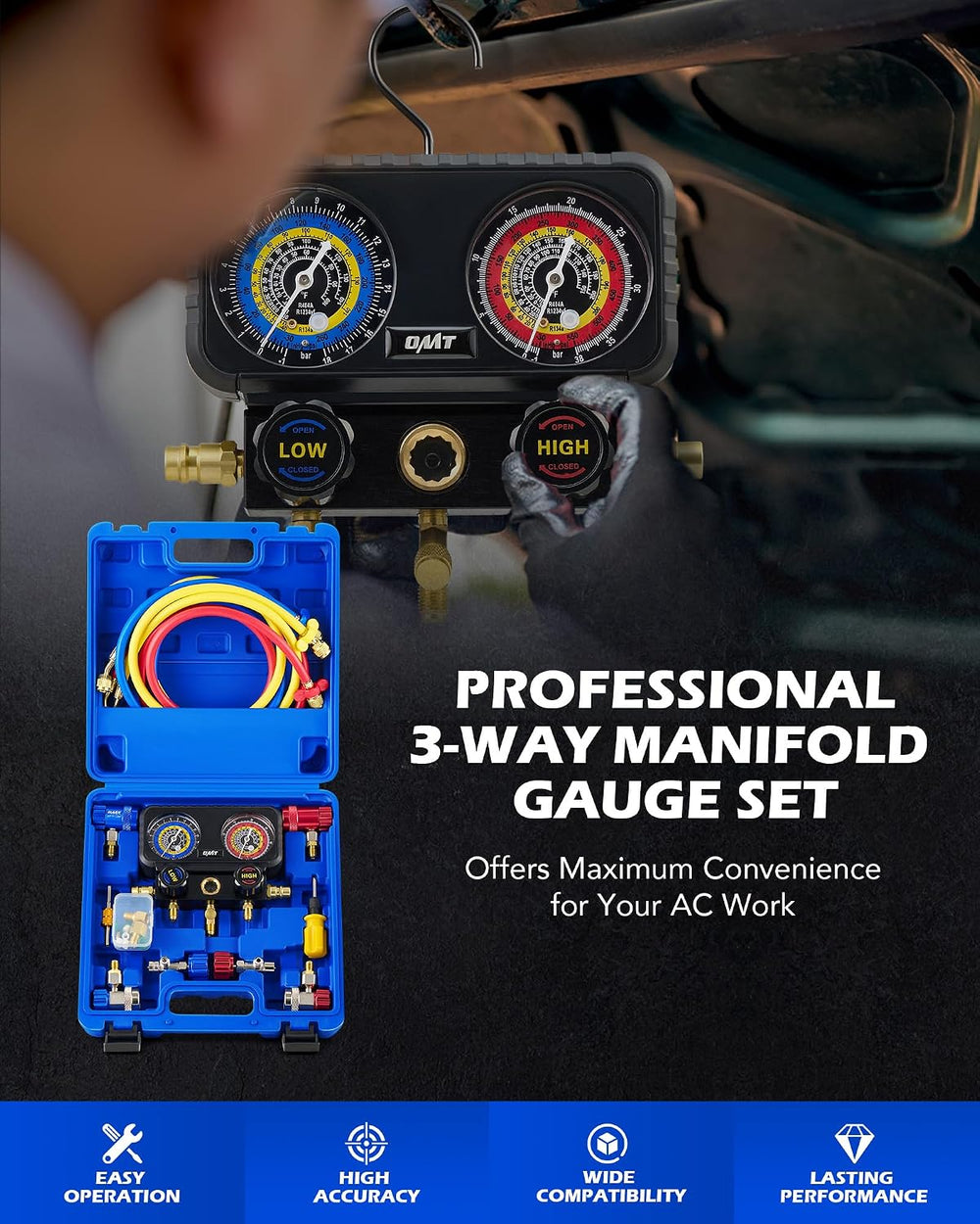 OMT 3-Way AC Manifold Gauge Set for R1234yf R134a R404a with 5ft Hoses