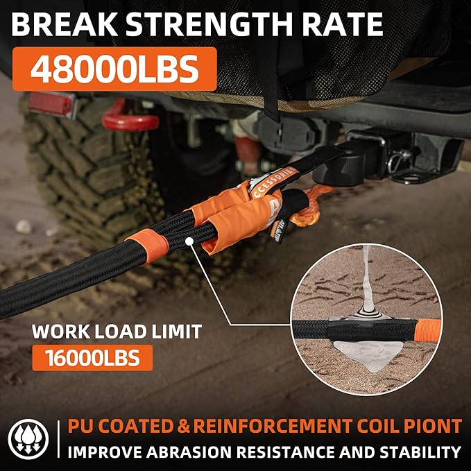 ALL-TOP Kinetic Recovery Rope Kit w/ 2 Soft Shackles, 1in x 20ft, Heavy Duty