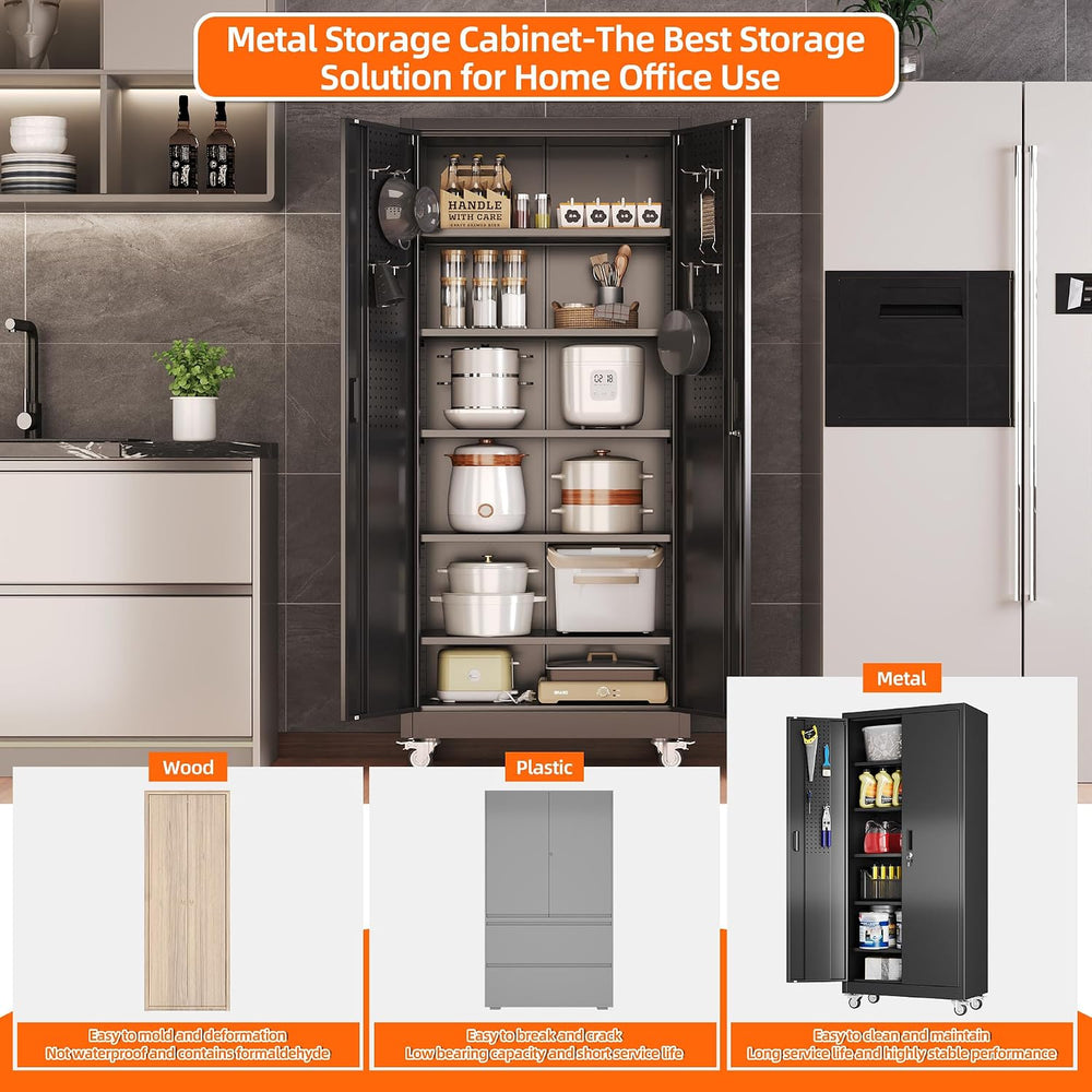 71" Metal Storage Cabinet with Wheels, 5 Adjustable Shelves, Black