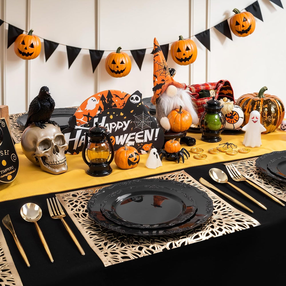 U-QE 100PCS Black Plastic Plates, Heavy Duty Black Plates Halloween