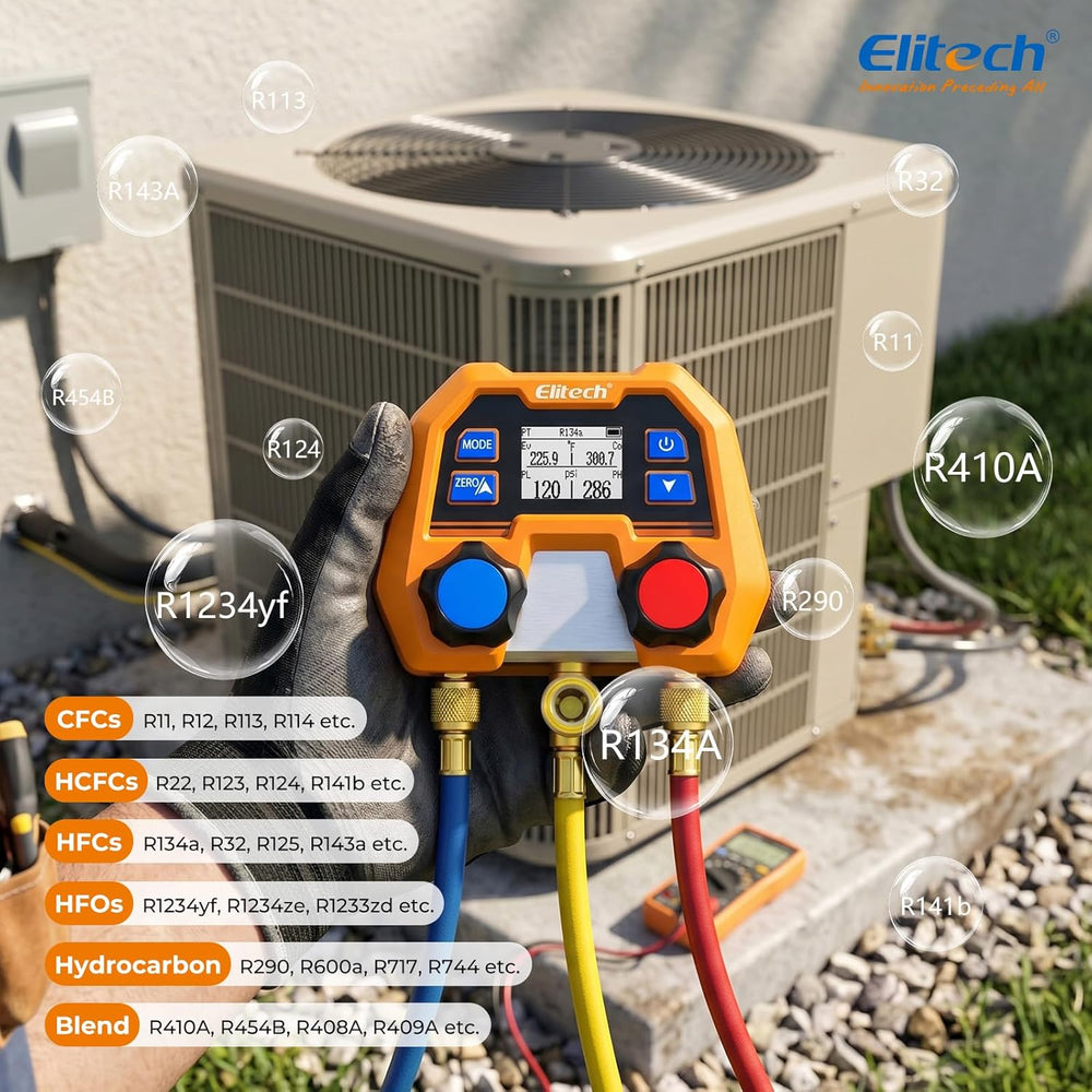Elitech HVAC Digital Manifold Gauge Set DMG-2SE with Hoses & R410A Adapters