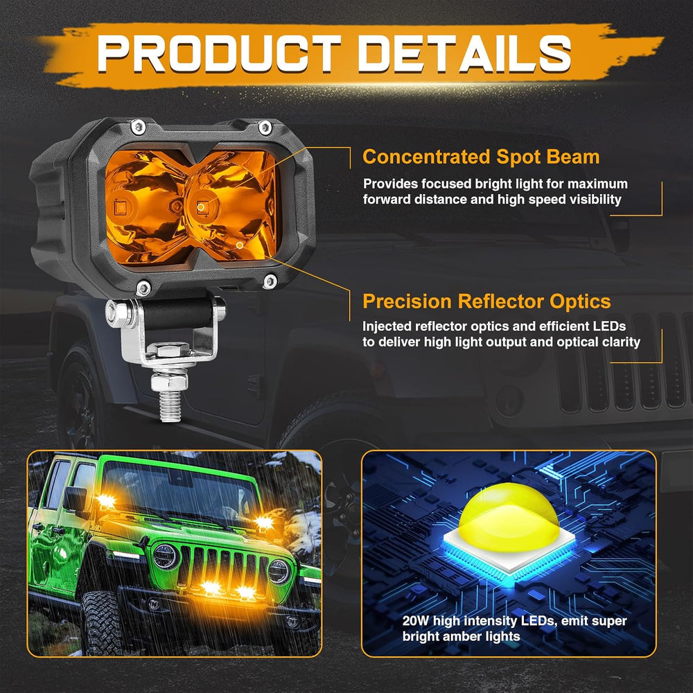 Amber LED Fog Lights, 2Pcs 4 Inch LED Pods Yellow Spot Driving Light 80W Ditc...