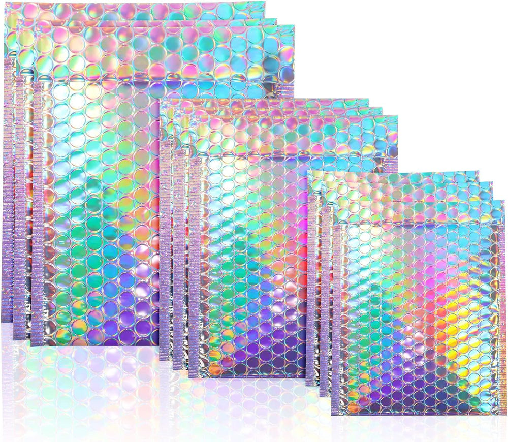 100 Pack Metallic Bubble Mailers 3 Sizes Holographic Padded Bubble Rainbow Po...