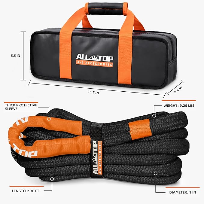 ALL-TOP Kinetic Recovery Rope, 1in x 30ft, Heavy Duty 30+% Elasticity, 16000Lbs