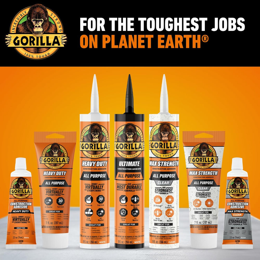 Gorilla Max Strength Construction Adhesive, Clear Glue, 9 Ounce Cartridge (Pa...