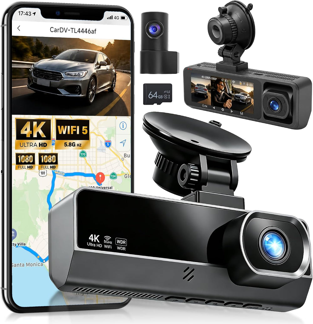 4K Dash Cam Front Rear and Inside, 3 Channel with 5.8GHz WiFi, 64GB Card