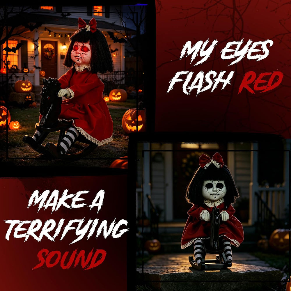 Hourleey Halloween Animatronics Decorations, Sound Activated Girl Doll on Roc...