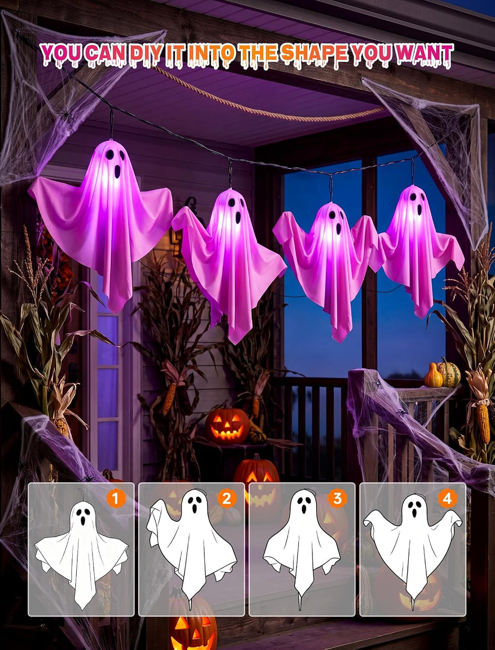 11.5Ft Halloween Light up Outdoor Ghost Pathway Lights, 4PK Purple Lights