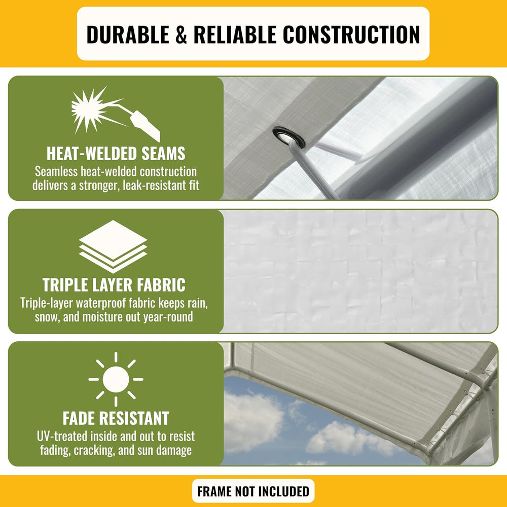 10x20 ft Carport Replacement Canopy Cover - Heavy-Duty Waterproof Tarp with U...