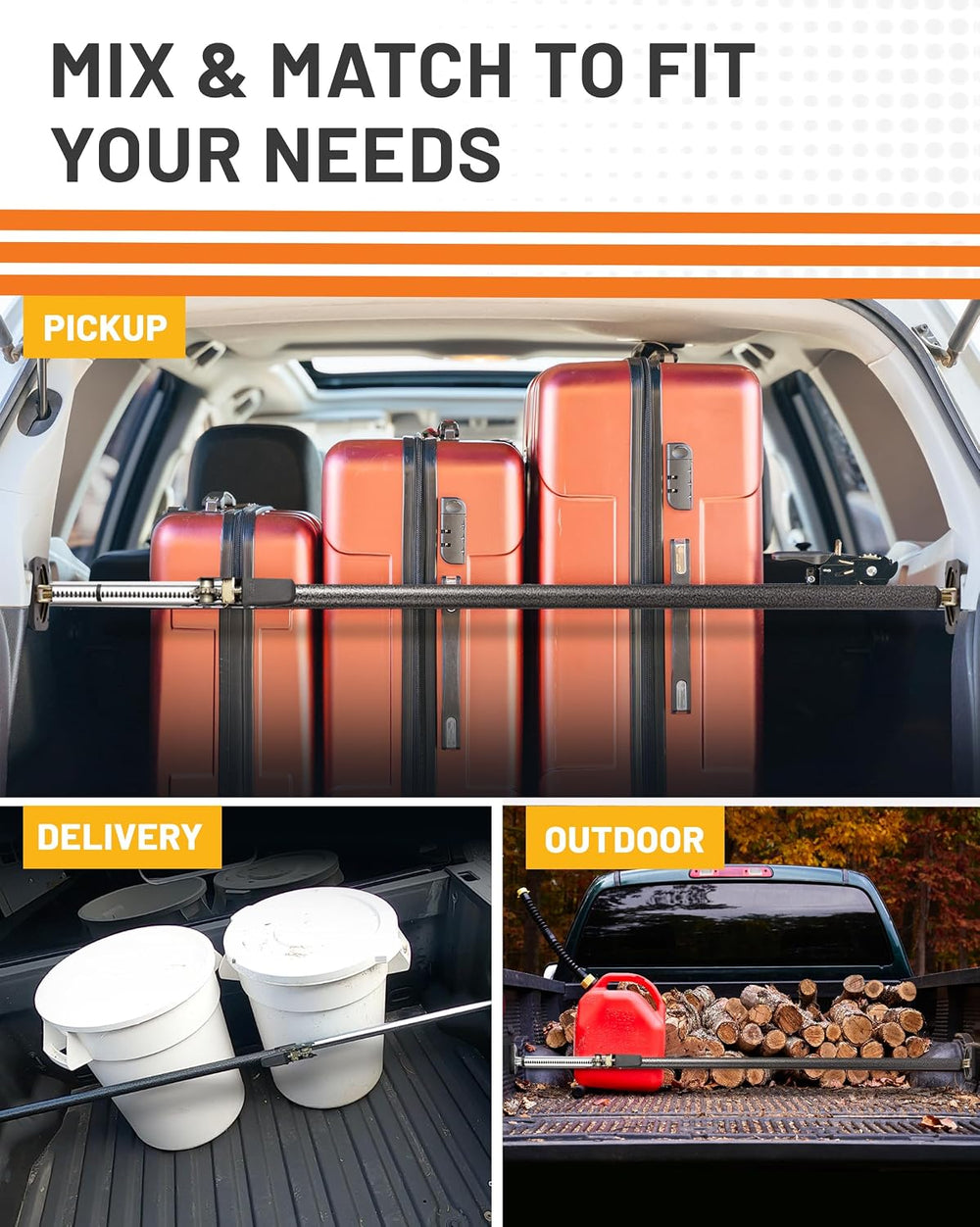 Strapinno - Ratcheting Cargo Bar 44"-74", Non-Slip Truck Bed Divide...