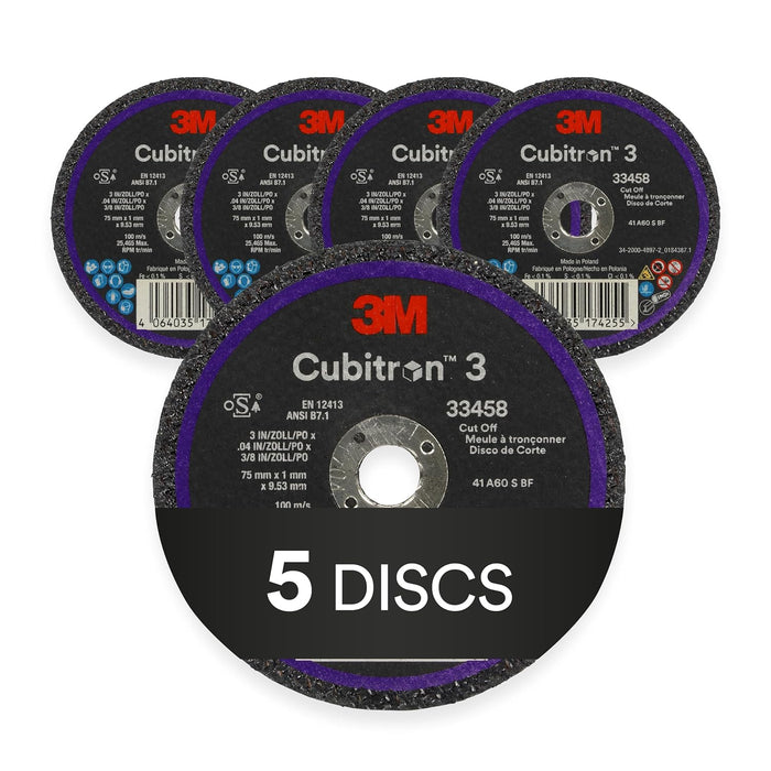 3M Cubitron 3 Cut-Off Wheel 33458, 3 in x 0.04 in x 3/8 in, Long Lasting Performance, High Cut Rate, for Automotive Cutting and Splicing, Collision Repair, 5 Wheels