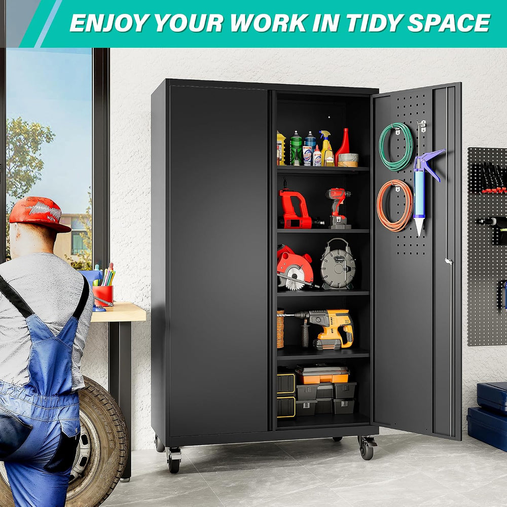 SISESOL Wide & Deep Metal Storage Cabinet with Wheels,Tall Rolling Garage...