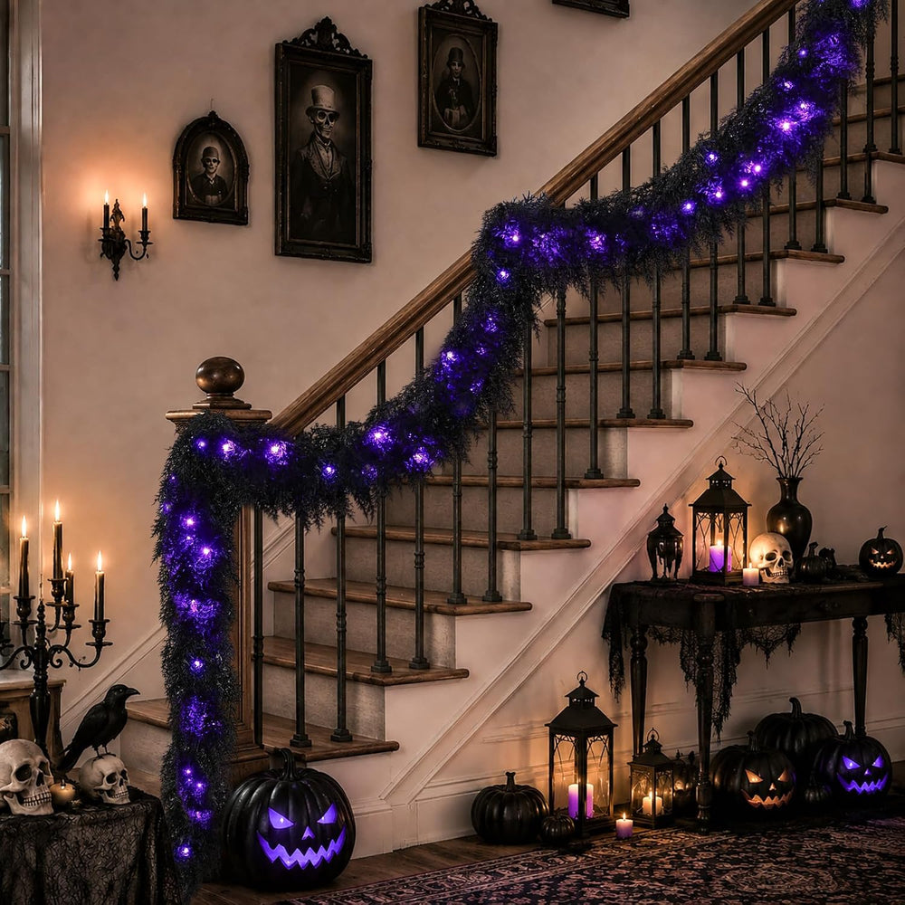 9FT Black Halloween Garland with Lights Realistic Prelit Christmas Garland