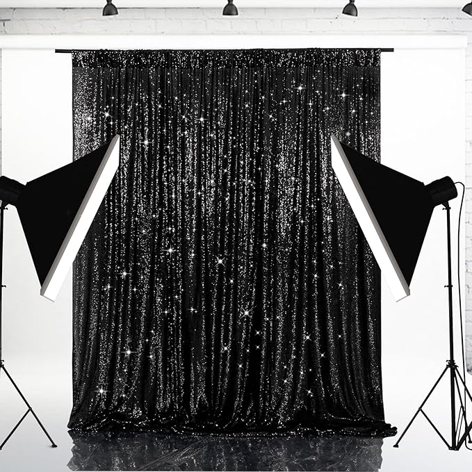 Eternal Beauty Black Sequin Backdrop, 8x10 Ft Halloween Glitter Background Cu...
