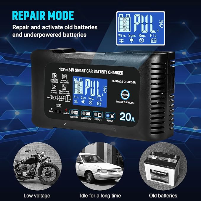 Battery Charger 0-20A 12V/24V Lithium LiFePO4 Lead Acid Fully Automatic