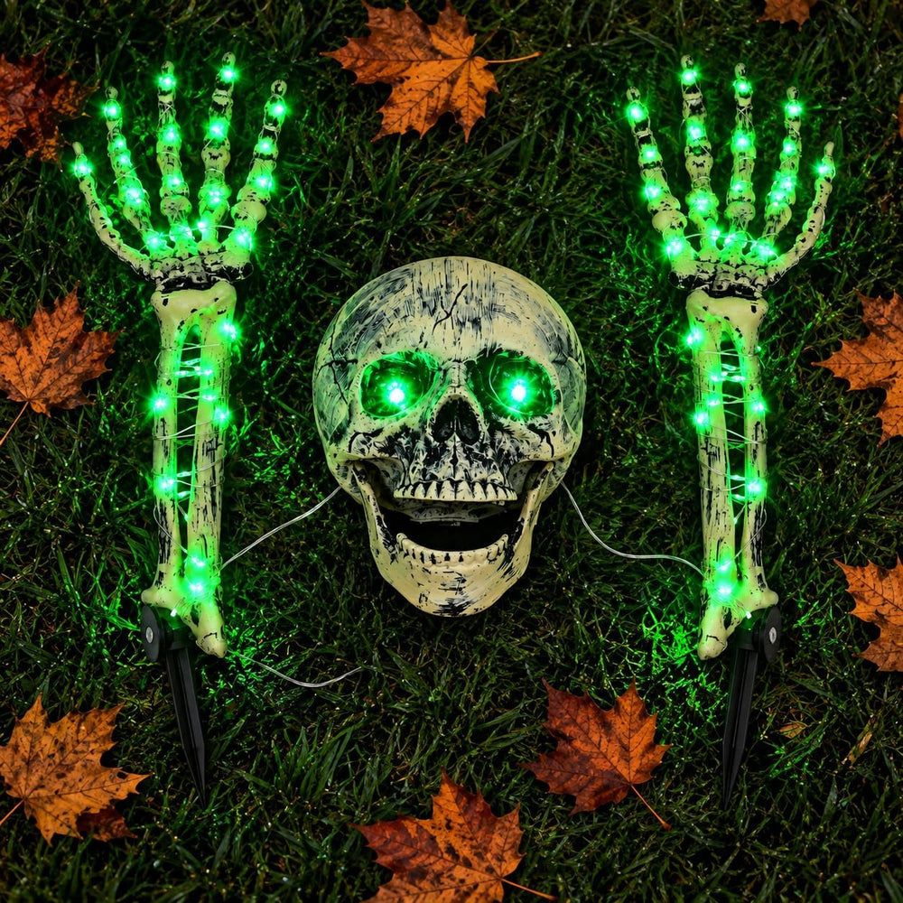Halloween Skeleton Decorations Outdoor, Light Up Skull Head & Skeleton Ha...