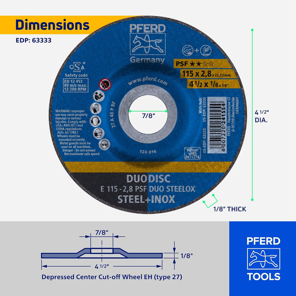 PFERD PSF DUODISC 4-1/2"x 1/8" x 7/8" STEELOX Wheel, Pack of 10