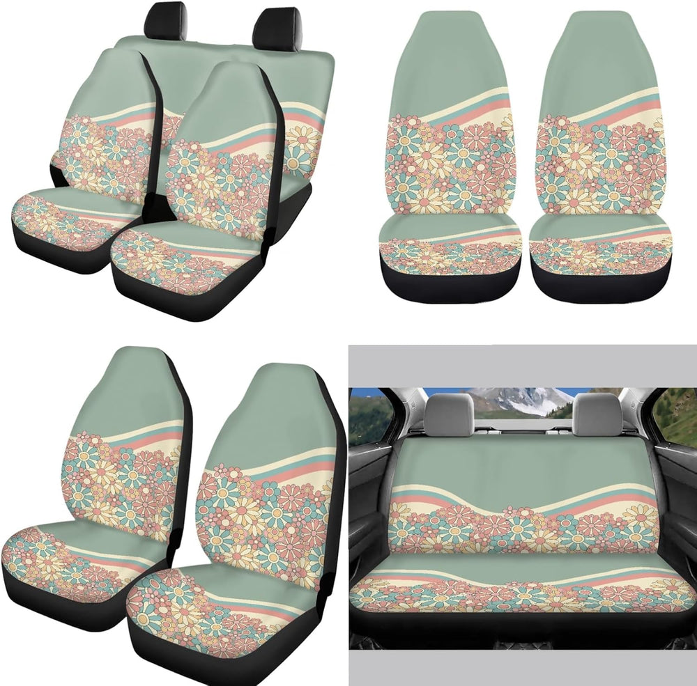 Abstract 70S Groovy Flower Auto Seat Cover Full Set for Women,12 Pack Green S...