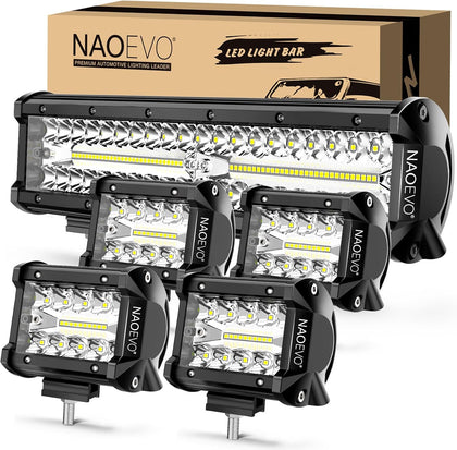 NAOEVO 12 Inch LED Light Bar and 4PCS 4 Inch LED Pod Lights, 54000LM LED