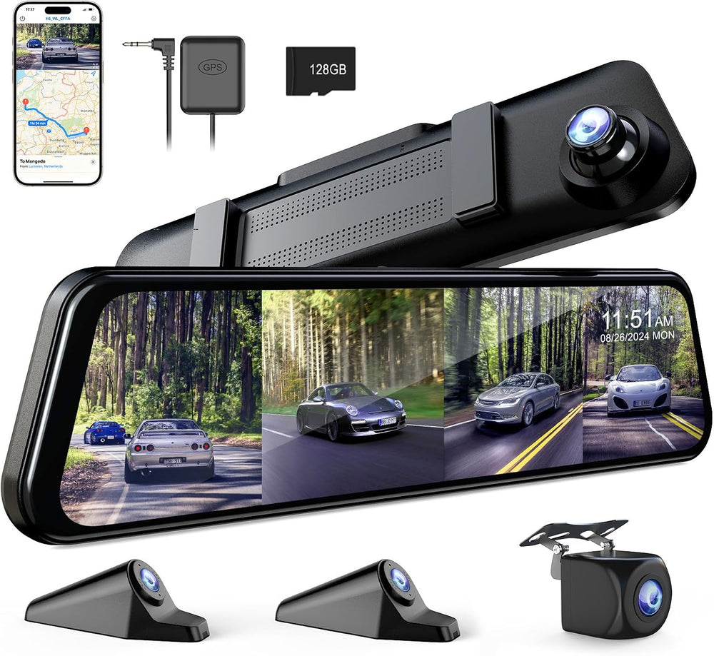 360° View 4 Channel Mirror Dash Cam Detached Side Camera for Cars
