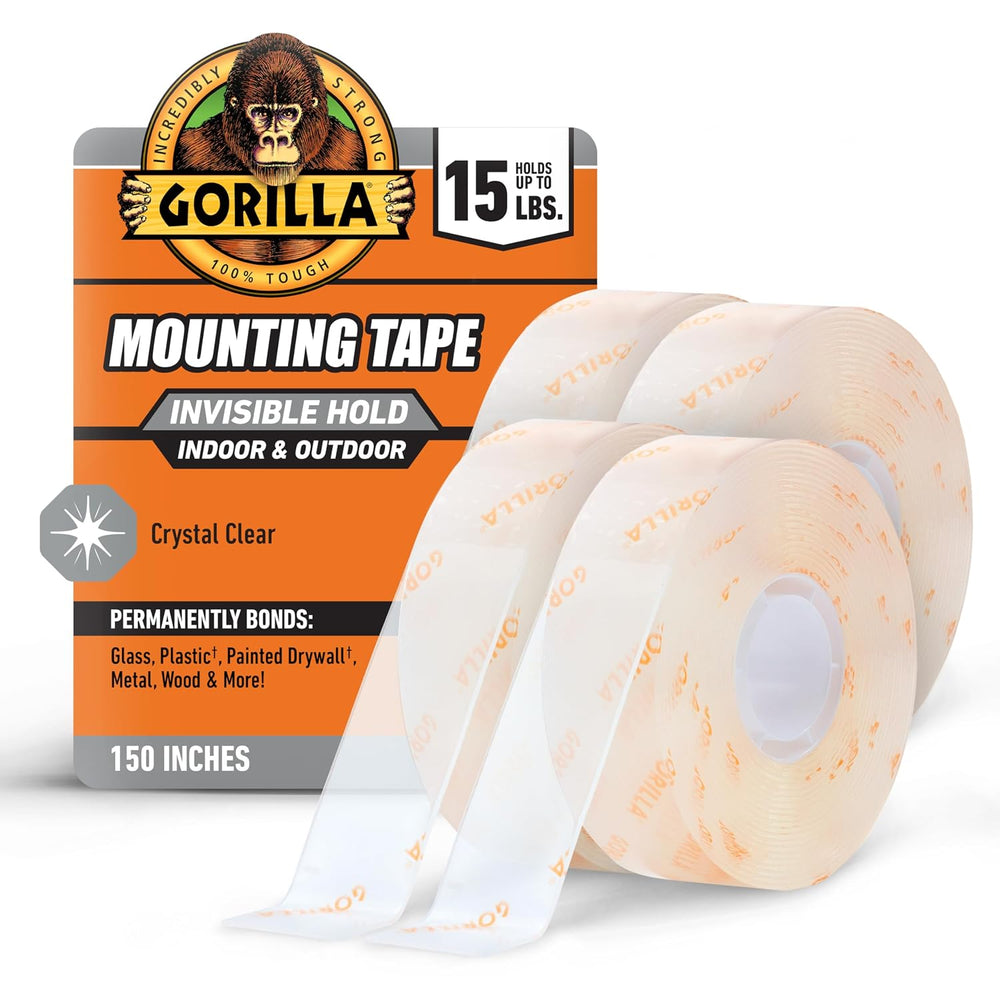 GORILLA Invisible Hold Mounting Tape, 1" x 150", Clear, 4-Pack