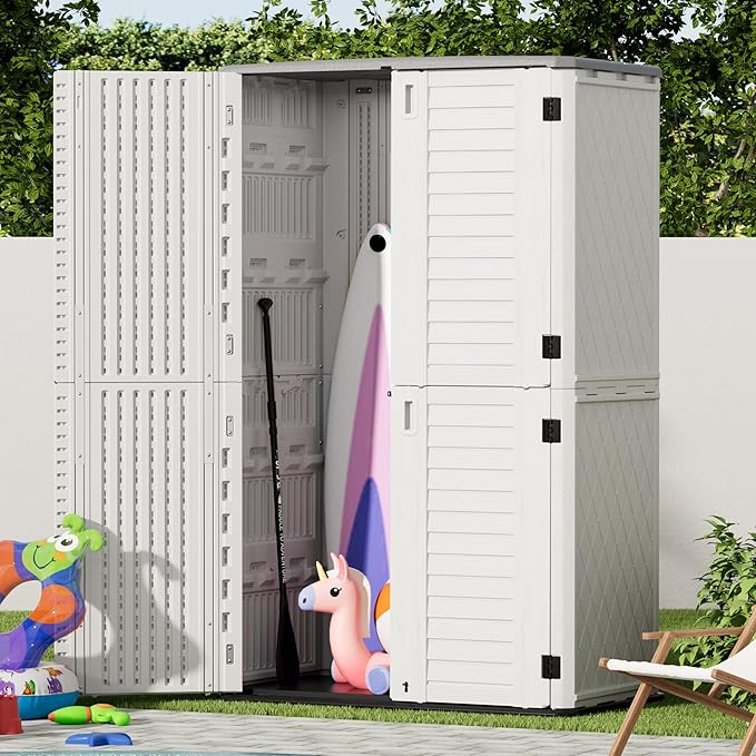 Outdoor Storage Cabinet Waterproof, Resin Vertical Storage Shed Lockable