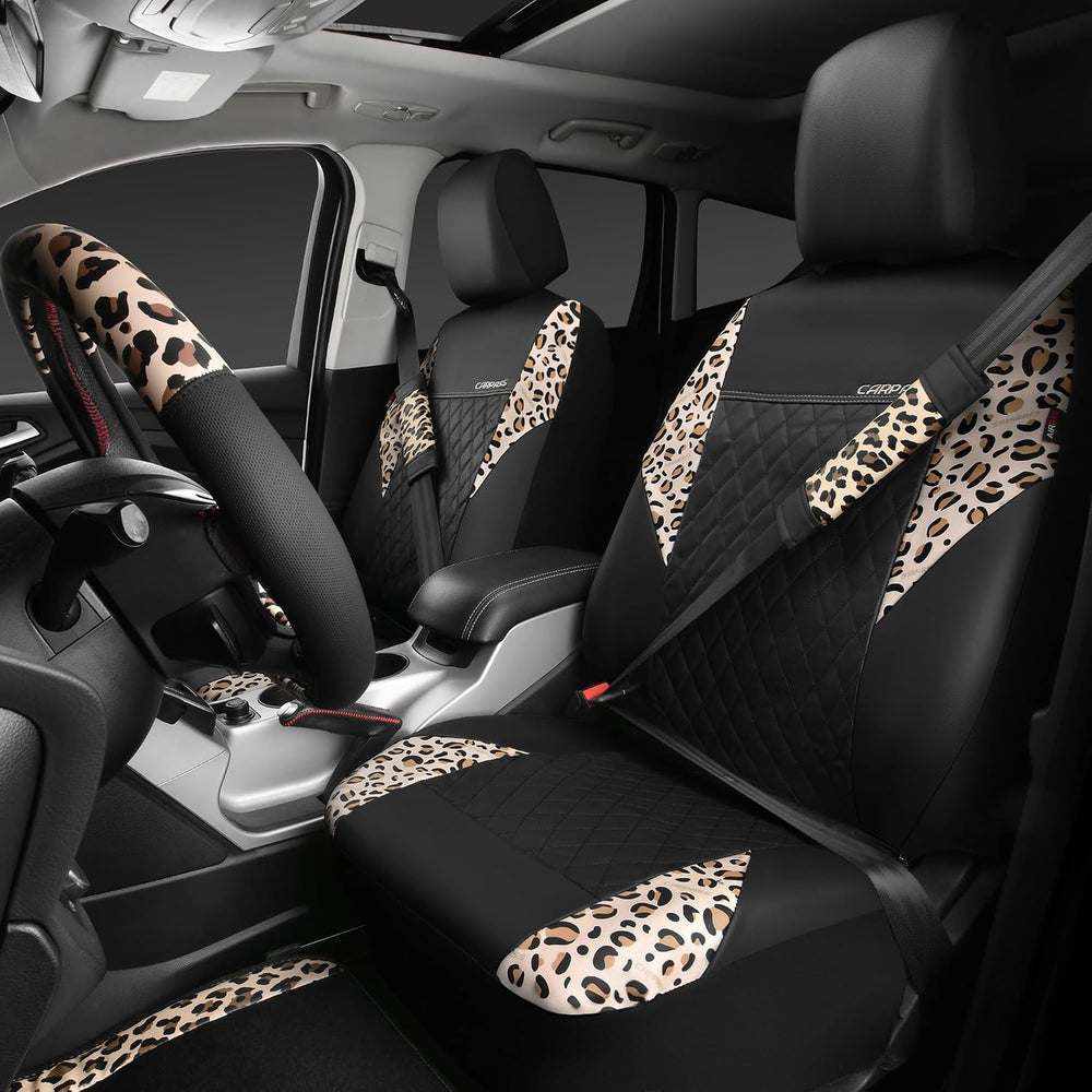 CAR PASS Leopard Print Faux Leather Car Seat Covers & Leopard Car Mats&am...