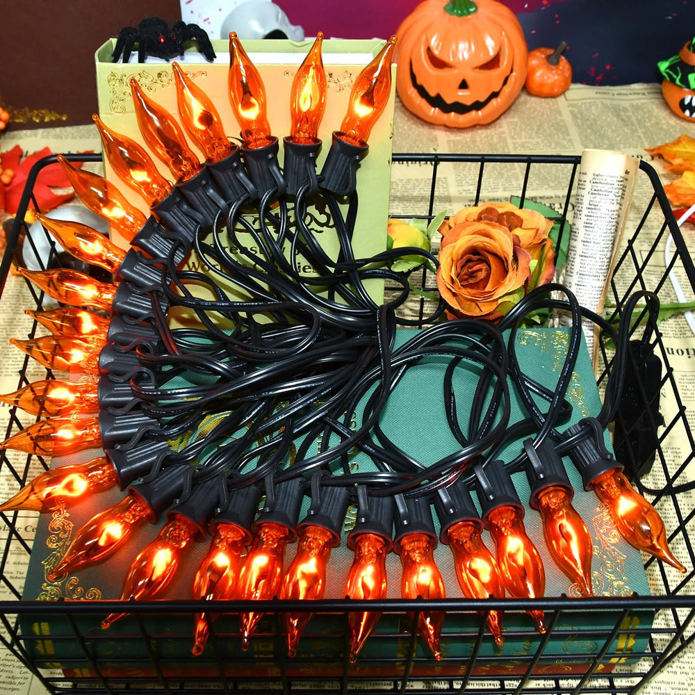 27.8Ft Orange Halloween Lights - Flickering Flame String Lights Orange Flicke...