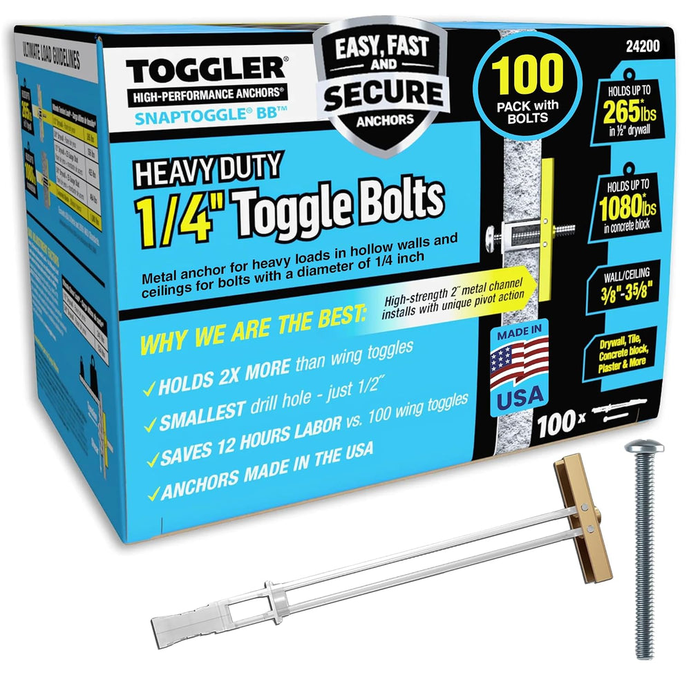 TOGGLER SNAPTOGGLE Drywall Anchors with 1/4-20 x 2.5 in Bolts, 100 Pack