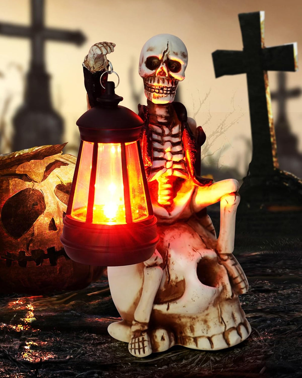 Solar Halloween Decorations Outdoor, Skeleton Figurine on Skull Statue