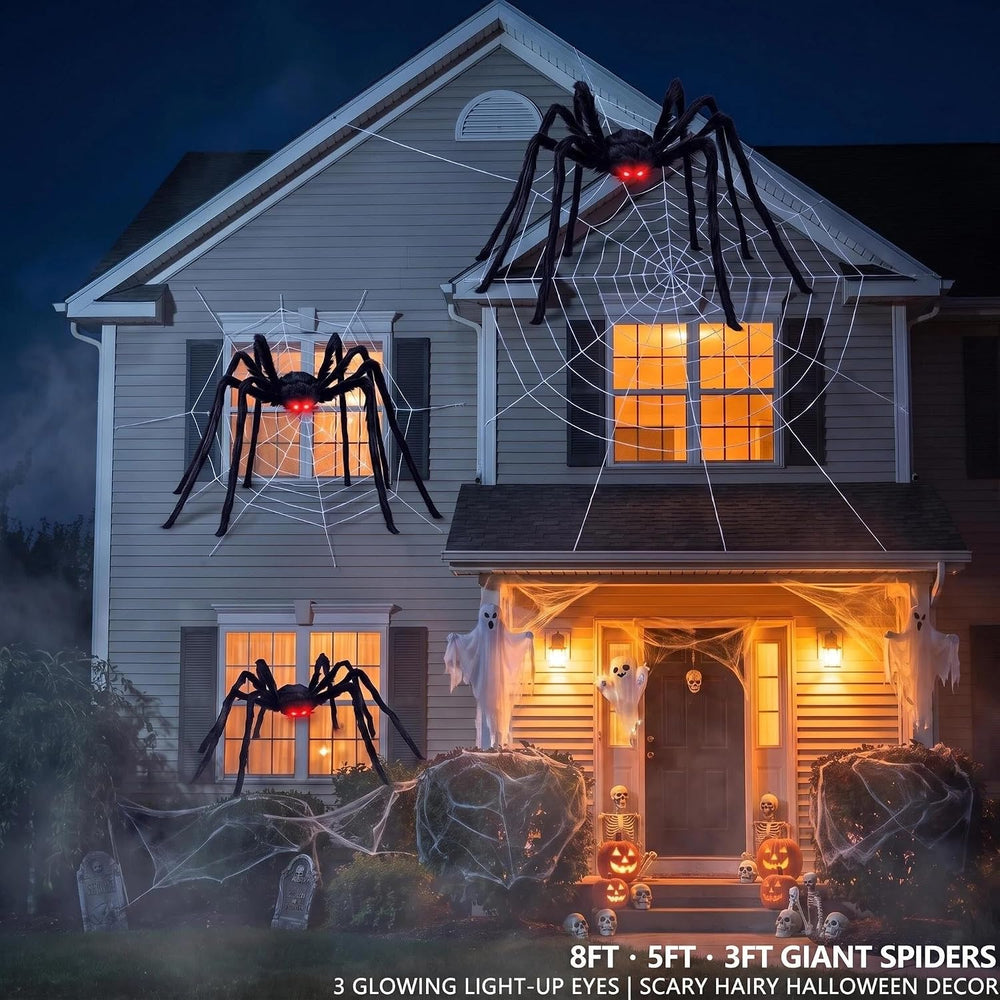 8Ft Giant Hairy Black Spider with Glowing Eyes, 3 Packs(8Ft+5Ft+3Ft) Hallowee...