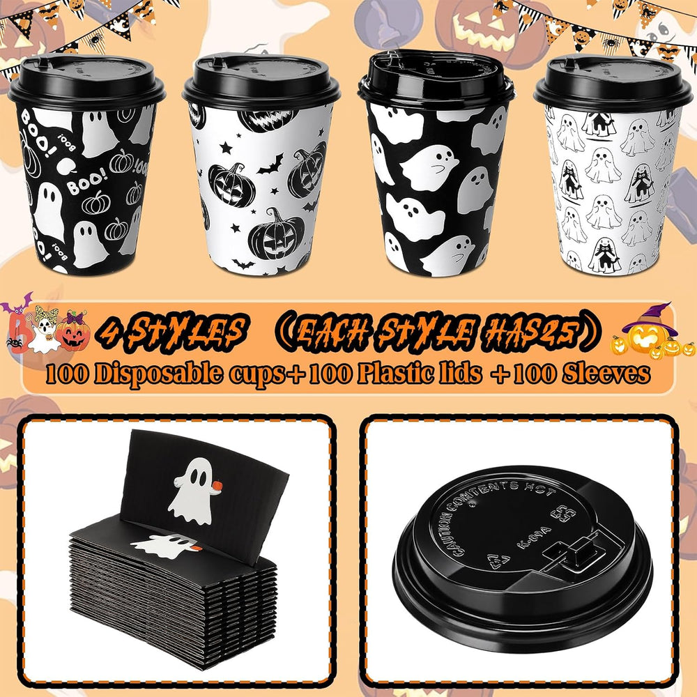 Suclain 100 Sets Halloween Disposable Coffee Cups with Lids & Sleeves, 12...