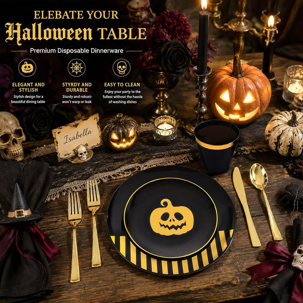 KIRE 25 Guest Halloween Plates Black Gold Plastic Plates Smiley Pumpkin inclu...