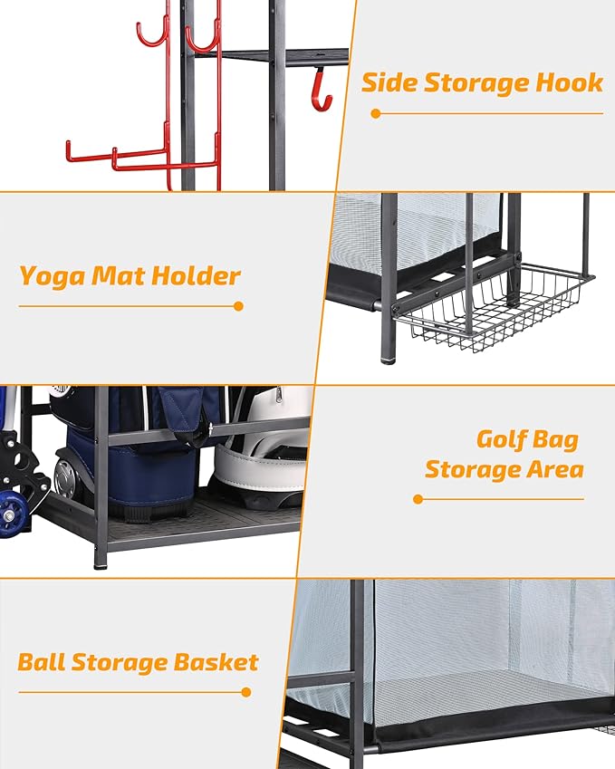PLKOW Golf Storage Ball Rack Garage Organizer, 2 Golf Bag Organizer and Other