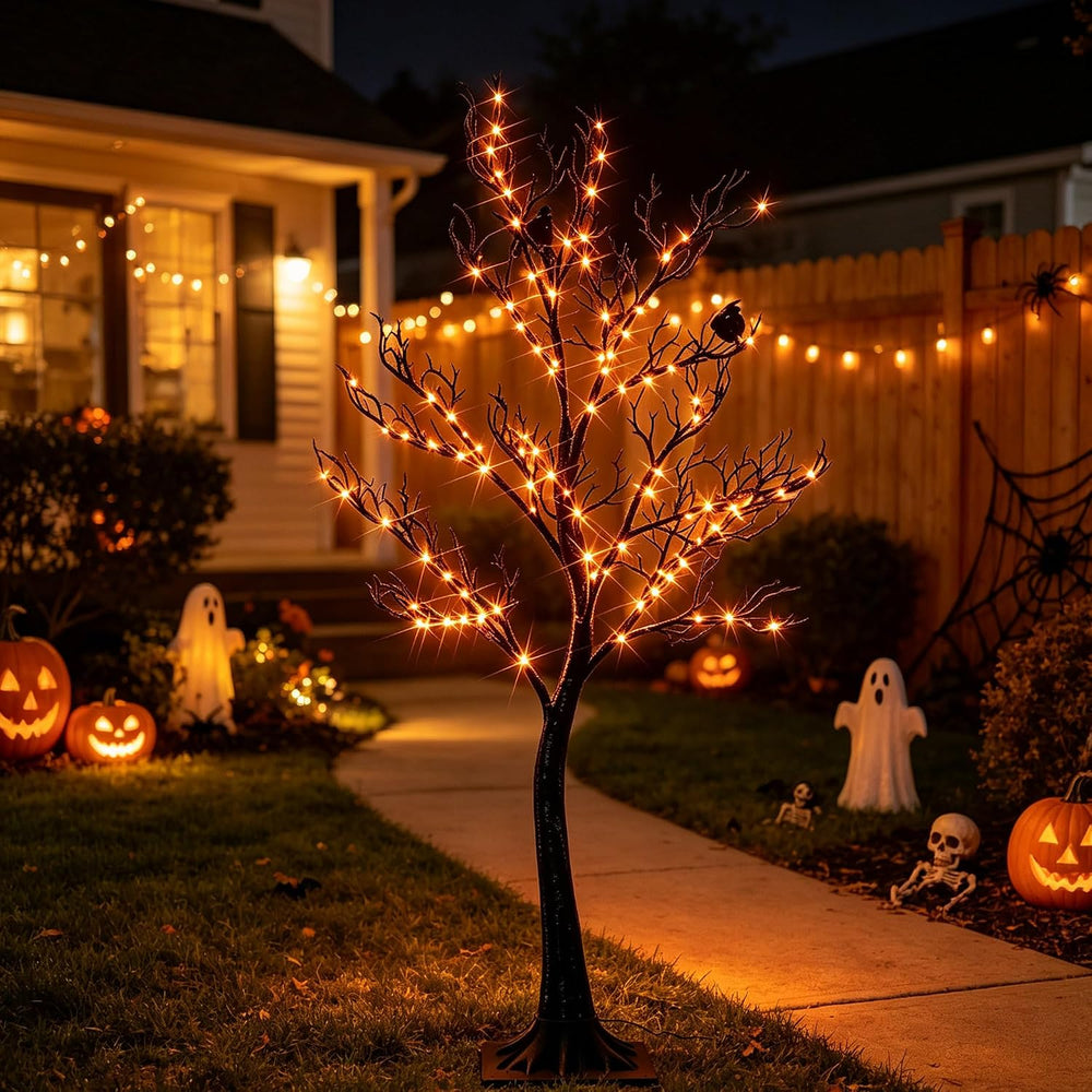 Hairui Lighted Halloween Tree with 150 Orange Fairy Lights 4FT, Spooky Black ...