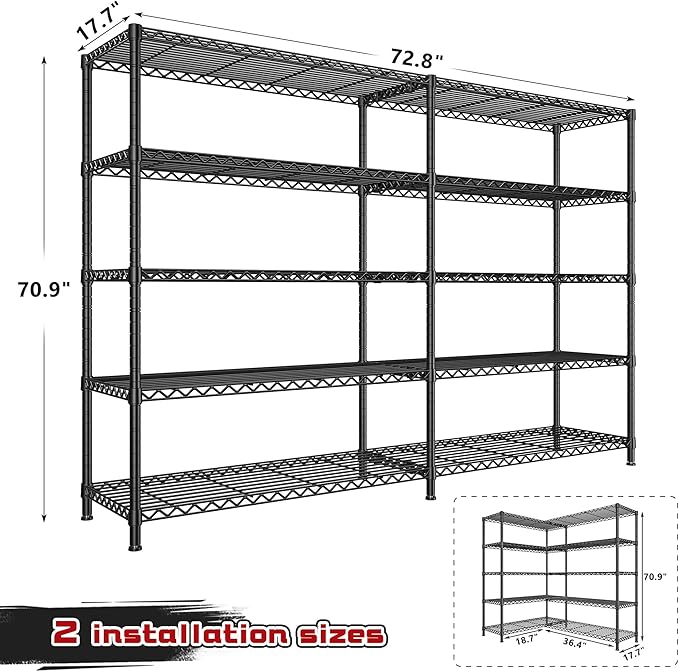 REIBII 72.8" W Storage Shelves Load 1600LBS, 5 Tier Metal Shelving Unit ...